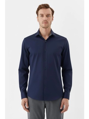 Sabri Özel Lacivert %100 Pamuk Slim Fit Dokuma Uzun Kollu Klasik Yaka Gömlek