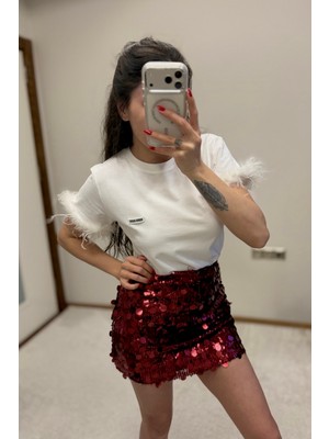 Pul Detaylı Mini Etek Bordo