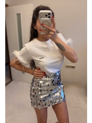 Pul Detaylı Mini Etek Silver