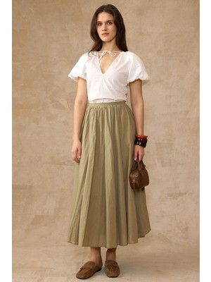 Olcay Beli Büzgülü Poplin Kloş Etek Haki 7072