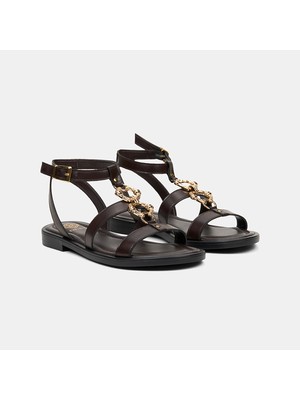 Desa Kadın Kahve Gold Aksesuar Detaylı Deri Sandalet