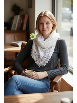 Tokuşka El Örgüsü Üçgen Örümcek Ağı Desenli Püsküllü Omuz Şalı