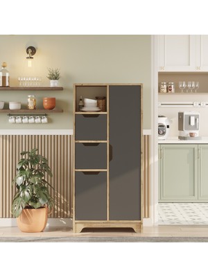 Yurupa Libra 8 Raflı Çok Amaçlı Dolap 2 Kapaklı 2 Çekmeceli Kiler Mutfak Dolabı Çam-Antrasit Lıb1-Aa