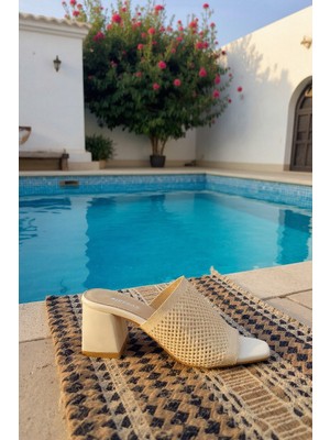 Enoch Kadın File Detaylı Tek Bantlı Küt Burun Topuklu Terlik