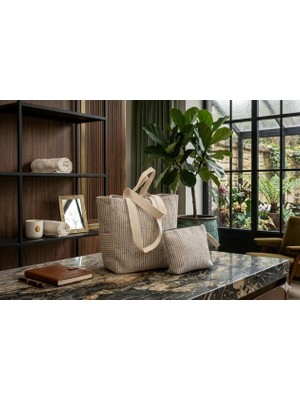 Faralya Life Çizgili Çanta 50X42 cm ve Makyaj Çantası Seti 26*21CM Bez Çanta Kombin Set