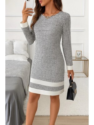 Marsilyan- Kadın Uzun Kollu Yuvarlak Yaka Etek Ucu Şerit Detaylı Mini Dokuma Elbise