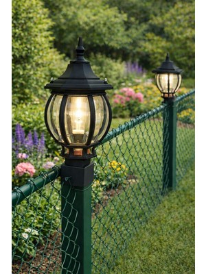 Lambax Panel Çim Çit Kare Tabanlı Sekizgen Direk Üstü Bahçe Armatürü Siyah