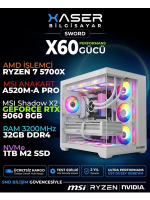 Xaser Sword X60 Ryzen 7 5700X 32GB Ram 1tb M.2 Nvme SSD 8gb RTX5060 Sıvı Soğutmalı Masaüstü Oyuncu Bilgisayarı
