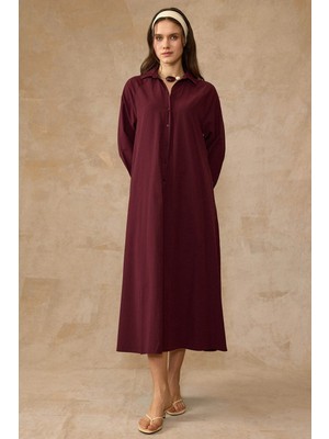 Olcay Yanları Düğme Detaylı Salaş Poplin Elbise Bordo 9316-E