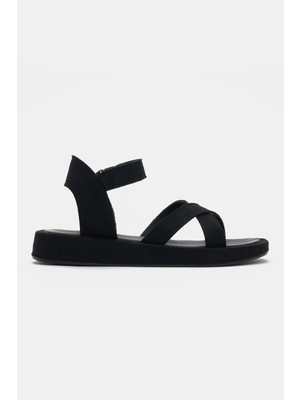 Selin Shoes Calina Ön Çarpraz Bant Detaylı Bilek Tokalı Kadın Sandalet- Siyah Süet
