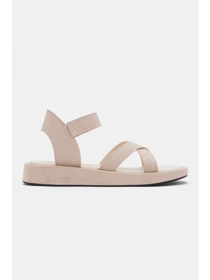 Selin Shoes Calina Ön Çarpraz Bant Detaylı Bilek Tokalı Kadın Sandalet- Ekru Süet