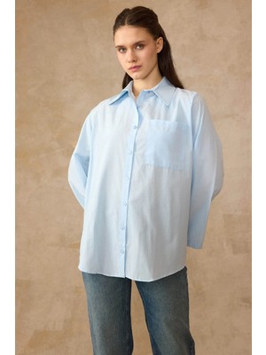 Olcay Ispanyol Kol Salaş Pamuklu Gömlek Mavi 9365
