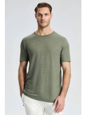 Hemington Saf Keten Haki Bisiklet Yaka T-Shirt