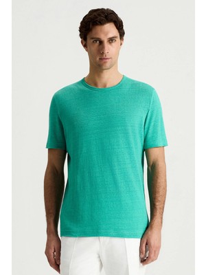 Hemington Saf Keten Turkuaz Bisiklet Yaka T-Shirt