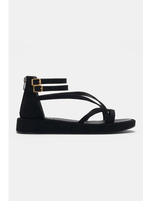 Selin Shoes Lony Ön Çarpraz Detaylı Bilek Tokalı Kadın Sandalet- Siyah Süet