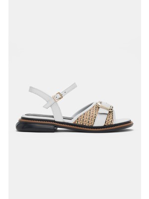 Selin Shoes Nolera Hakiki Deri Bilek Kemer Ayarlanabilir Çift Toka Detaylı Kadın Sandalet- Beyaz