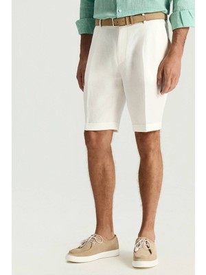 Hemington Saf Keten Beyaz Pileli Şort