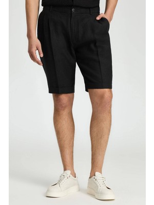 Hemington Saf Keten Siyah Pileli Şort