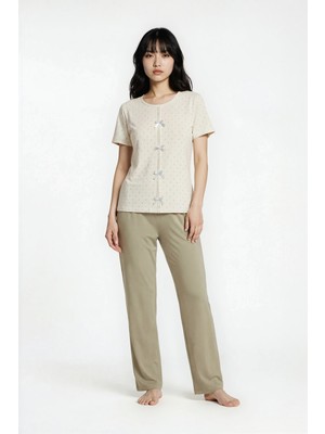 Ecrou Puantiyeli  Yeşil Saten Fiyonk Pijama Takım