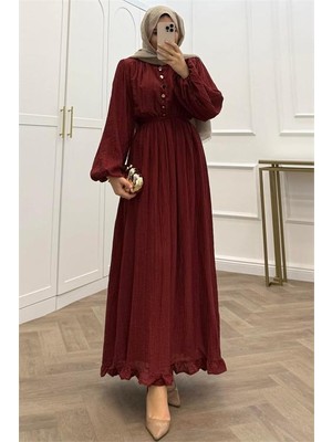 Neşeli Butik Kadın Bordo Eteği Fırfırlı Düğme Detaylı Pamuklu Salaş Tesettür Elbise NMS086