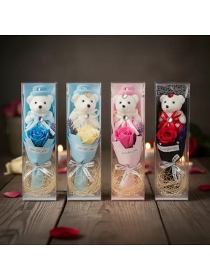 Marsilyan- Şeffaf Kutulu Ayıcıklı Gül Buketi