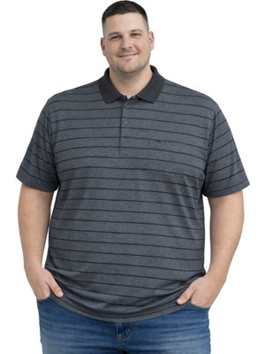 Battal Moda Battalmoda Erkek Büyük Beden Polo Yaka Melanj Siyah Çizgili Cepli Kısa Kollu Tişört 3xl-4xl-5xl-6xl