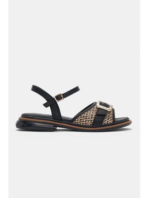 Selin Shoes Nolera Hakiki Deri Bilek Kemer Ayarlanabilir Çift Toka Detaylı Kadın Sandalet- Siyah
