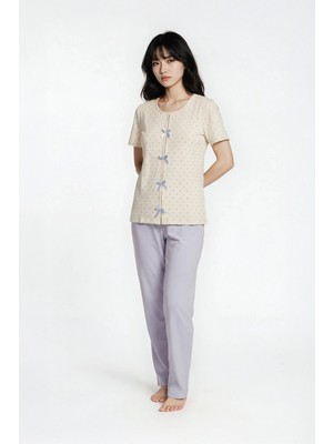 Ecrou Puantiyeli  Mavi Saten Fiyonk Pijama Takım