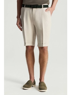 Hemington Saf Keten Krem Pileli Şort