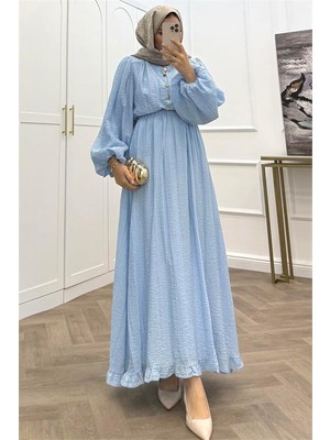 Neşeli Butik Kadın Bebe Mavi Eteği Fırfırlı Düğme Detaylı Pamuklu Salaş Tesettür Elbise NMS086