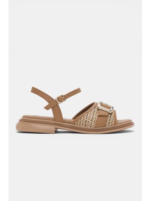 Selin Shoes Nolera Hakiki Deri Bilek Kemer Ayarlanabilir Çift Toka Detaylı Kadın Sandalet- Taba