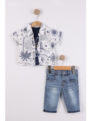 Joy Kids Erkek Bebek Kot Pantolonlu 3 Parça Takım (6-24AY) (Beyaz-Lacivert)