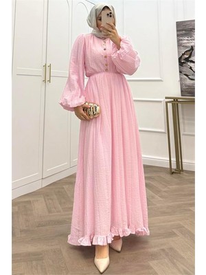 Neşeli Butik Kadın Pembe Eteği Fırfırlı Düğme Detaylı Pamuklu Salaş Tesettür Elbise NMS086