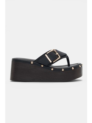 Selin Shoes Melra Dolgu Topuk Aksesuar Gold Toka Detaylı Kadın Terlik- Siyah
