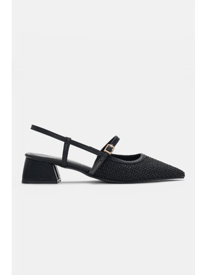 Selin Shoes Talisse Örgü ve Ayarlanabilir Toka Detay Sivri Burun Kalın Topuk Kadın Topuklu Ayakkabı- Siyah