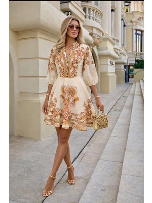 Asprin Fashion Kaplama Düğme Detaylı Keten Elbise