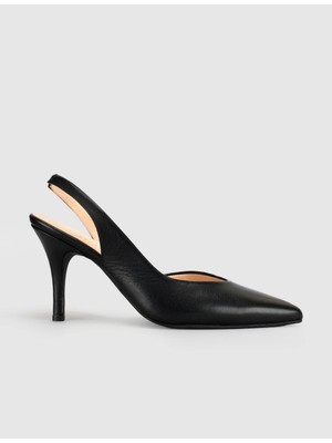 Cabani Siyah Süet Hakiki Deri Slingback Stiletto Kadın Ayakkabı