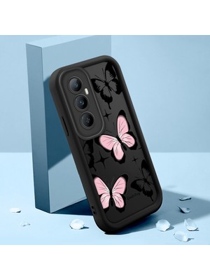 HONTINGA Realme C65 ile Uyumlu Kılıfı Düşüme Önleyici Basitlik Anti Düşme Kamera Korumali Şirin Kedi Kelebek Siyah Desen Yumuşak Silikon Telefon Kılıfı Kadın ve Erkek Için Uygundur K2-0411