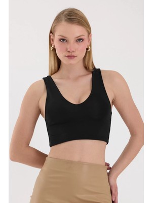 Lamodemapass Kadın Siyah V Yaka Crop Top BLZ-00262