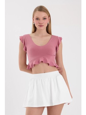 Lamodemapass Kadın Pembe Volanlı Crop Top BLZ-00255