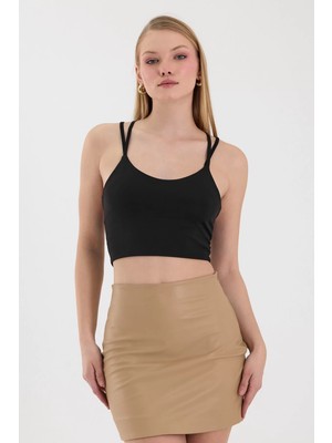 Lamodemapass Kadın Siyah Çapraz Sırt Detaylı Crop Top BLZ-00211