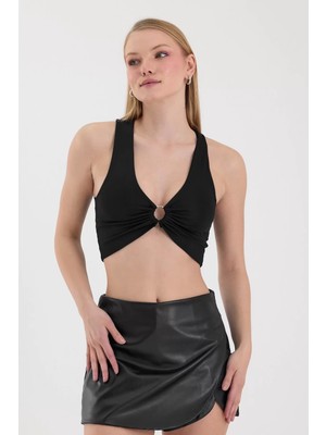 Lamodemapass Kadın Siyah Halka Detaylı Crop Top BLZ-00353