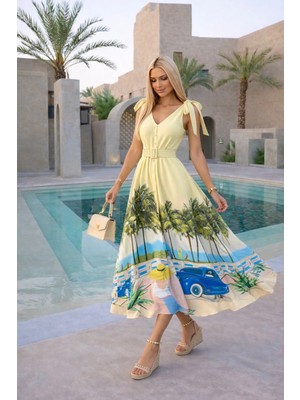 Asprin Fashion Palmiye Baskılı Kemerli Elbise Mavi