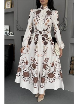 Neşeli Butik Kadın Ekru Büyük Çiçek Desenli Tam Boy Düğmeli Ithal Kumaş Tasarım Elbise NBMS25107