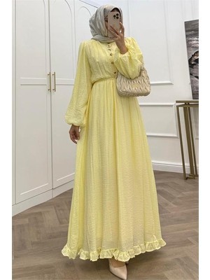 Neşeli Butik Kadın Sarı Eteği Fırfırlı Düğme Detaylı Pamuklu Salaş Tesettür Elbise NMS086