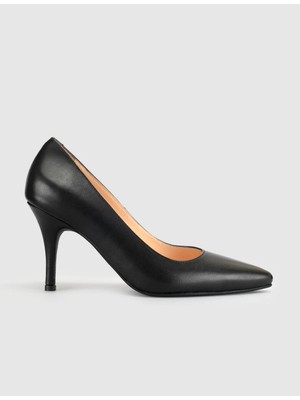 Cabani Siyah Hakiki Deri Klasik Stiletto Kadın Ayakkabı