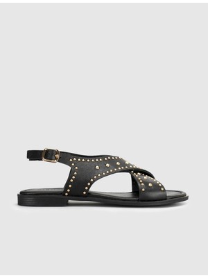 Cabani Siyah Hakiki Deri Troklu Kadın Sandalet