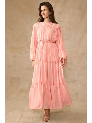 Olcay Büzgü Detaylı Şifon Elbise Somon 9416-E