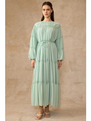 Olcay Büzgü Detaylı Şifon Elbise Mint 9416-E