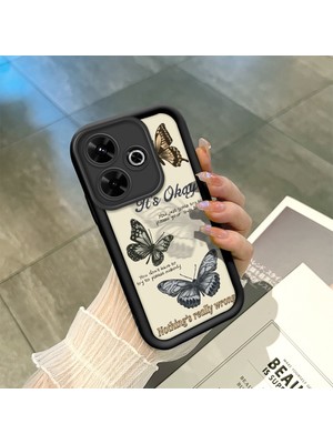 HONTINGA Xiaomi Redmi 13 ile Uyumlu Kılıfı Düşüme Önleyici Basitlik Anti Düşme Kamera Korumali Kelebek Siyah Desen Yumuşak Silikon Telefon Kılıfı Kadın ve Erkek Için Uygundur K2-0412
